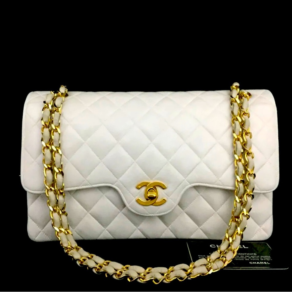 Vintage CHANEL Double Flap 25 Quilte White Lambskin Chain Shoulder Bag